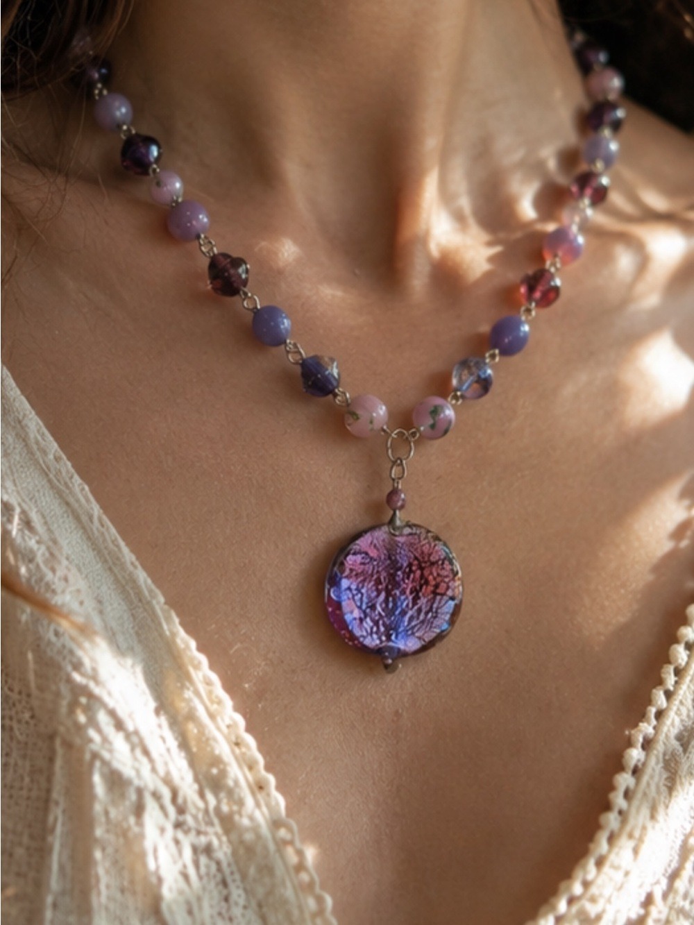 Celestial Boho Art Glass Pendant Necklace Purple Amethyst Beaded Statement